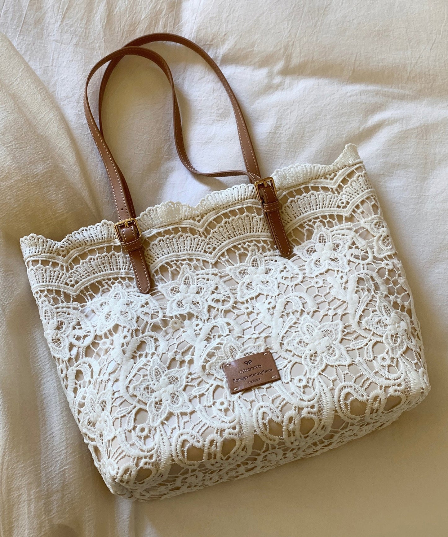 French Lace Shoulder Bags Large Beige Capacity