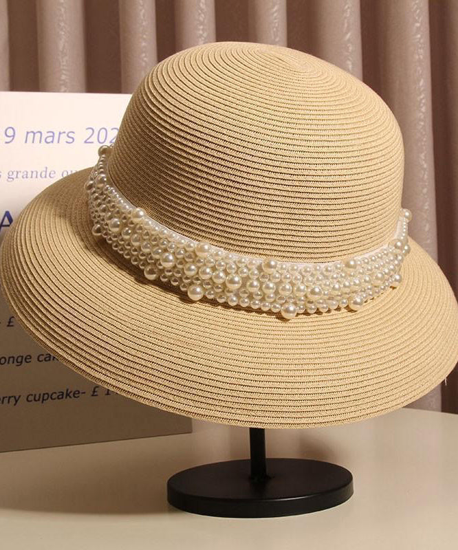 Woven Nail French Summer Bead Beige Straw Cloche Hat