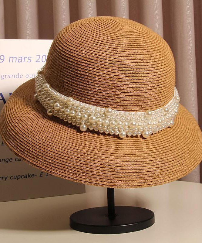 Woven Nail French Summer Bead Beige Straw Cloche Hat