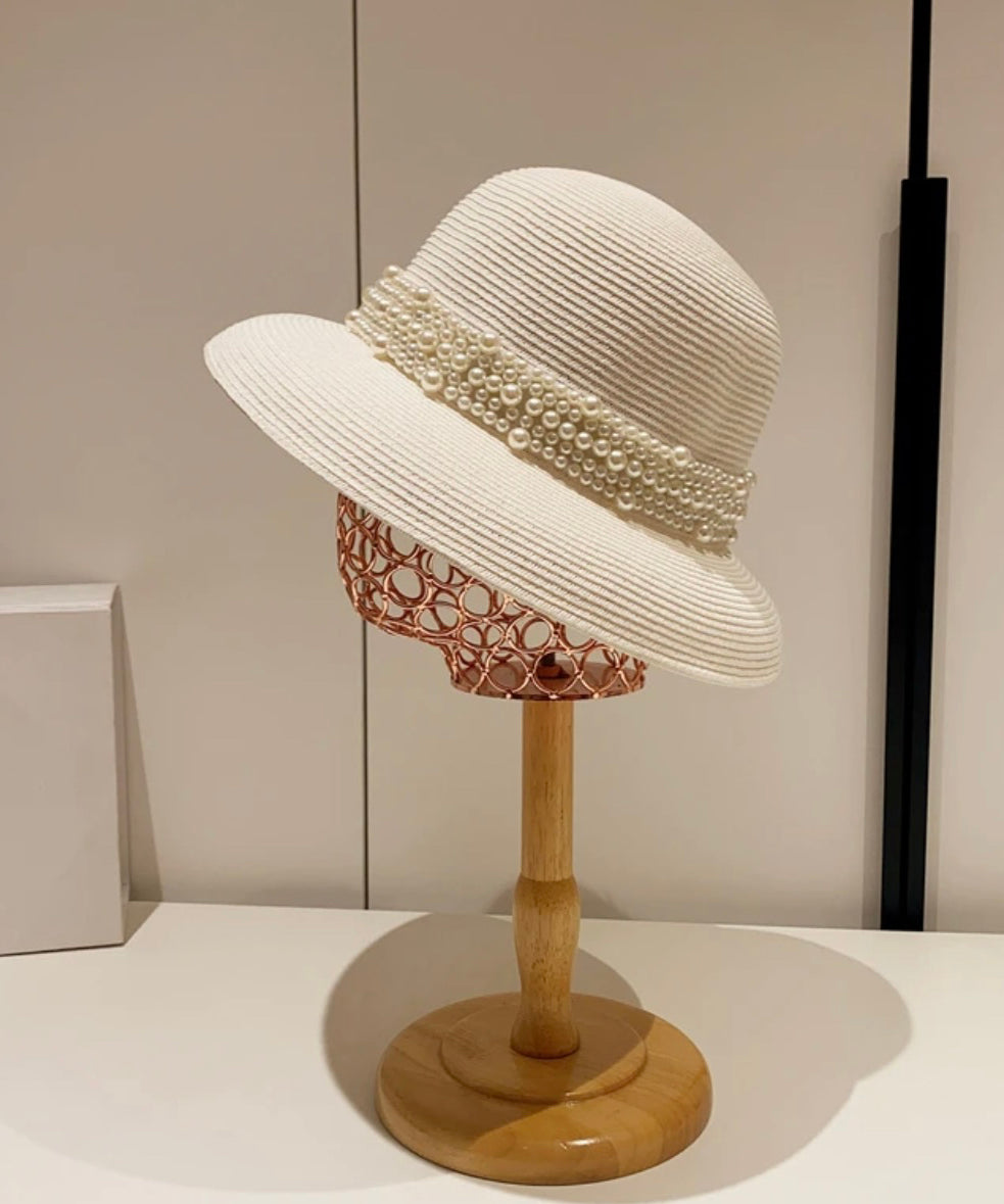 Woven Nail French Summer Bead Beige Straw Cloche Hat