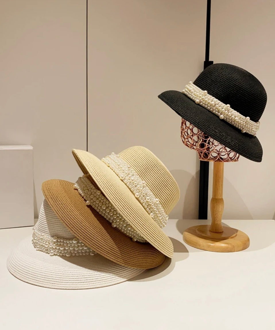 Woven Nail French Summer Bead Beige Straw Cloche Hat