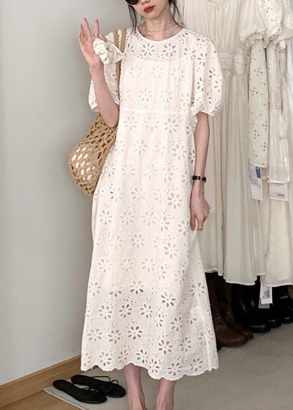 O-Neck French Sleeve Beige Puff Dress Out Hollow Cotton