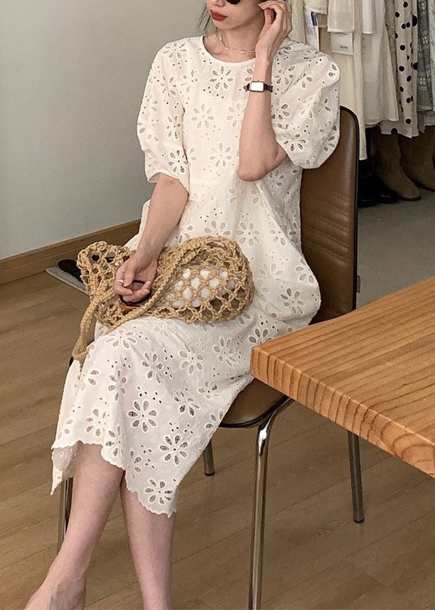 O-Neck French Sleeve Beige Puff Dress Out Hollow Cotton