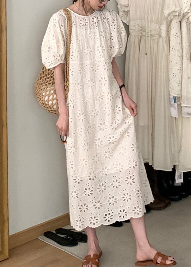 O-Neck French Sleeve Beige Puff Dress Out Hollow Cotton