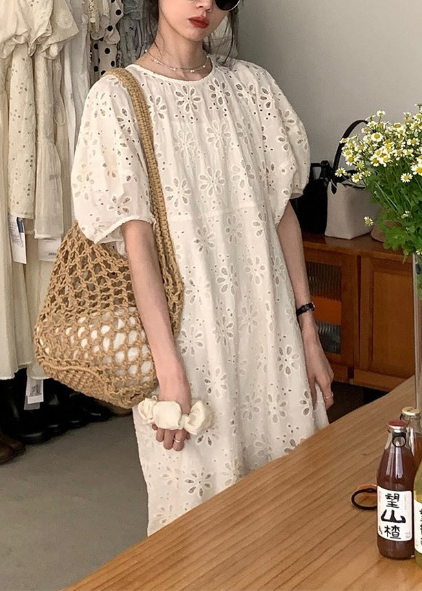 O-Neck French Sleeve Beige Puff Dress Out Hollow Cotton