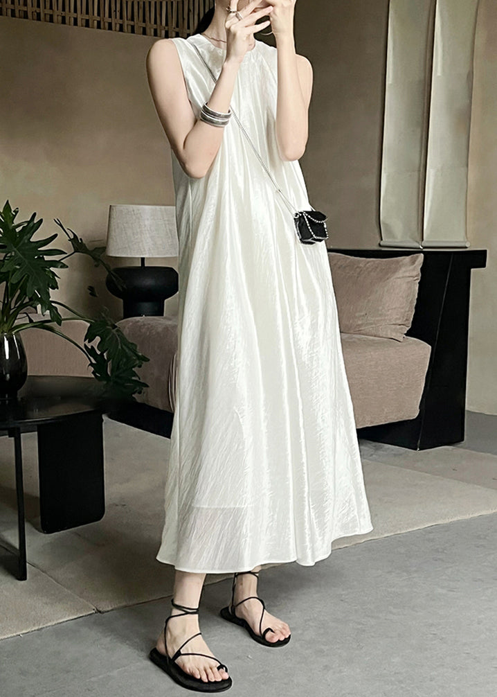 O Beige Sleeveless Dresses Long Solid Silk Neck French