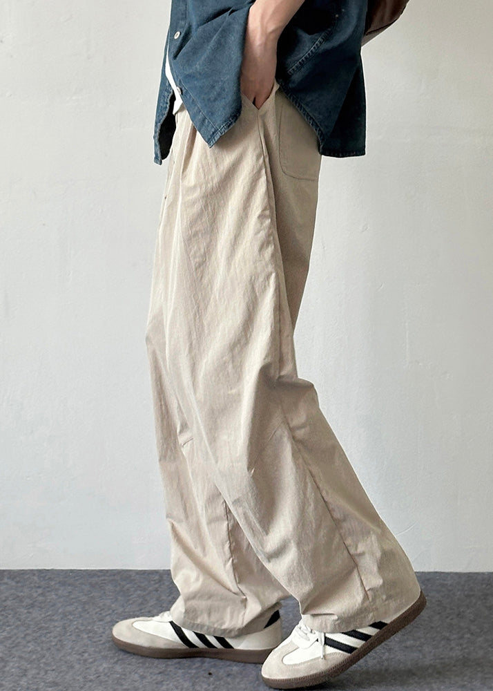 Cotton Pockets Beige Elastic French Solid Summer Pants Waist Mens