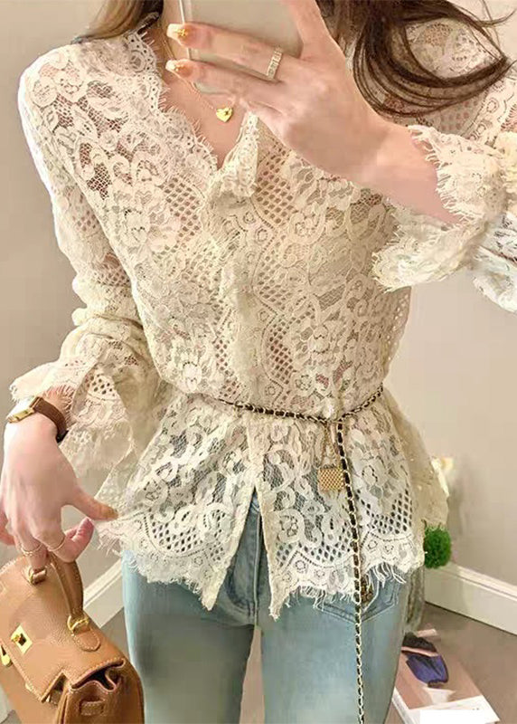 Button Tops Out French Ruffled Beige Lace Spring Hollow