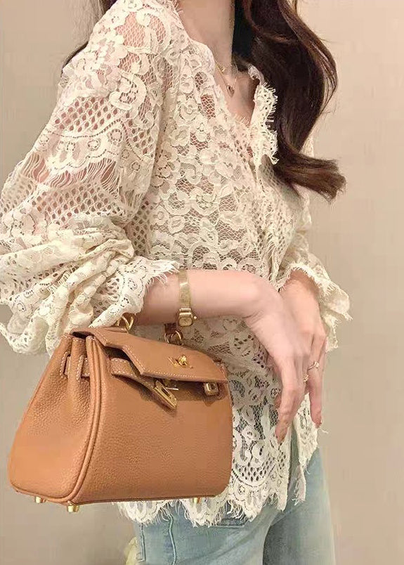 Button Tops Out French Ruffled Beige Lace Spring Hollow