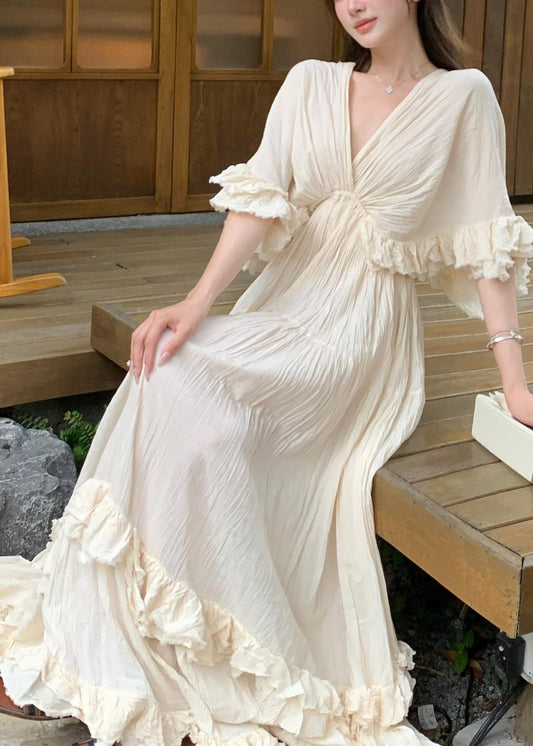 French Patchwork Long Summer Ruffled Beige Cotton Dresses