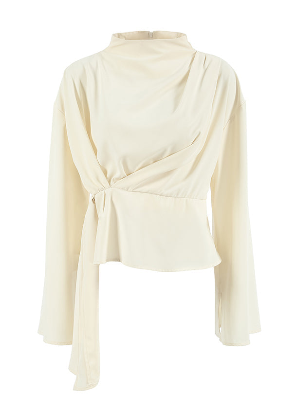 Chiffon Neck Irregular Sleeves Semi French High Long Shirt Beige