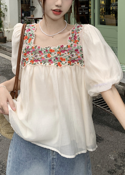 French Beige Square Collar Embroidered Shirts Puff Sleeve OP1046