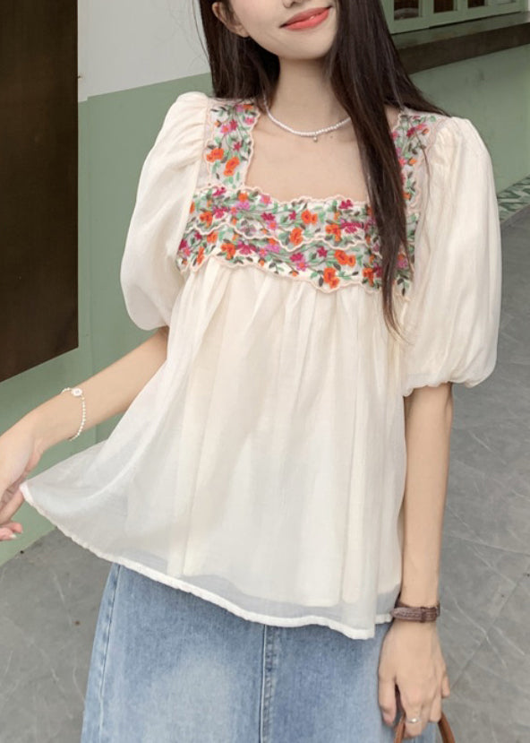 French Beige Square Collar Embroidered Shirts Puff Sleeve OP1046