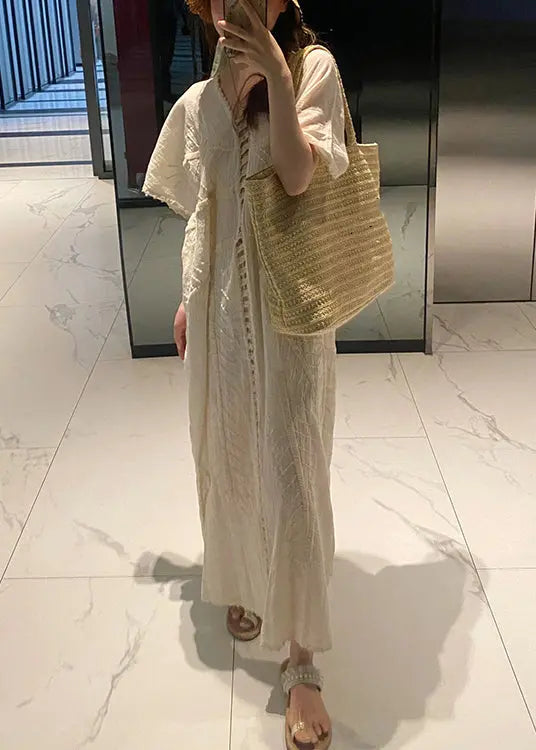 French Beige V Neck Hollow Out Cotton Long Dress Summer Ada Fashion