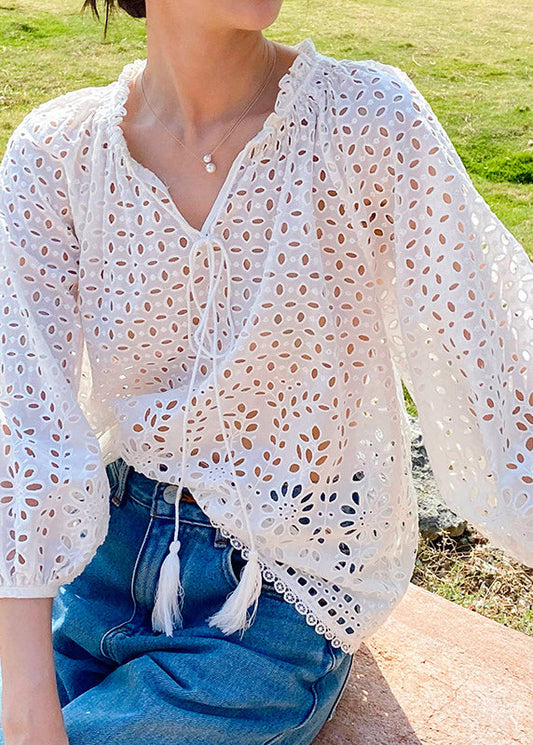 Shirt Cotton Spring Neck V Hollow French Beige Out