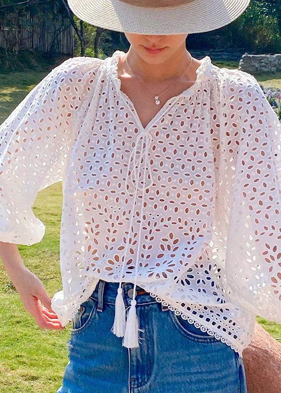 Shirt Cotton Spring Neck V Hollow French Beige Out