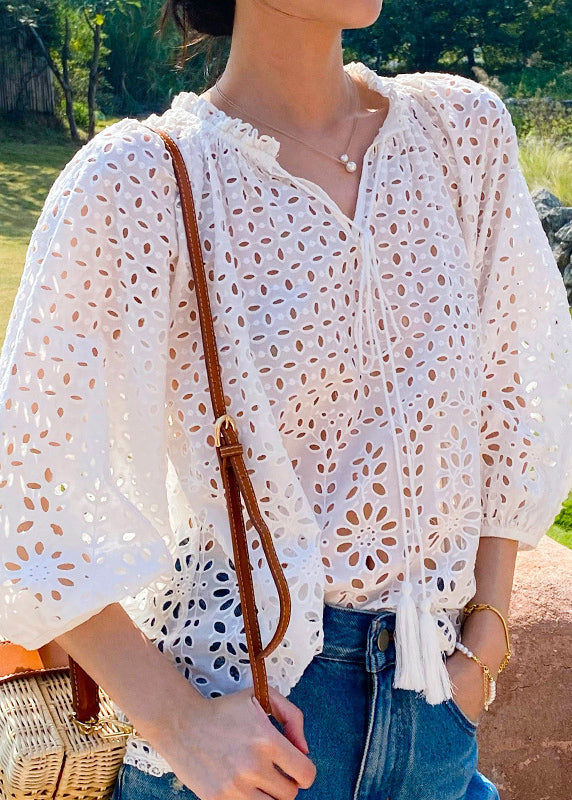 Shirt Cotton Spring Neck V Hollow French Beige Out