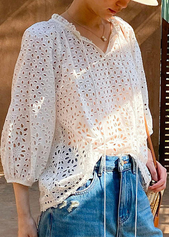 Shirt Cotton Spring Neck V Hollow French Beige Out