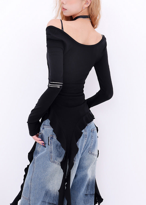 French Black Asymmetrical Cotton One Shoulder Tops Spring YF021