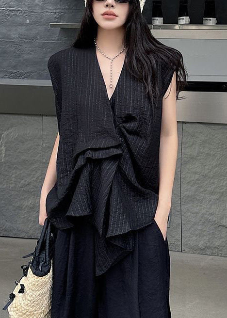 Striped Black Sleeveless Tanks Asymmetrical French Cotton