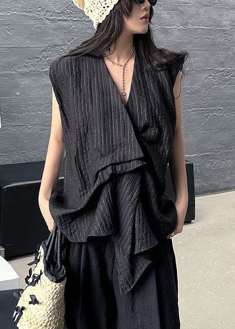 Striped Black Sleeveless Tanks Asymmetrical French Cotton