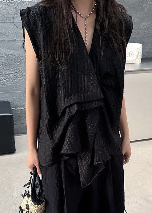 Striped Black Sleeveless Tanks Asymmetrical French Cotton