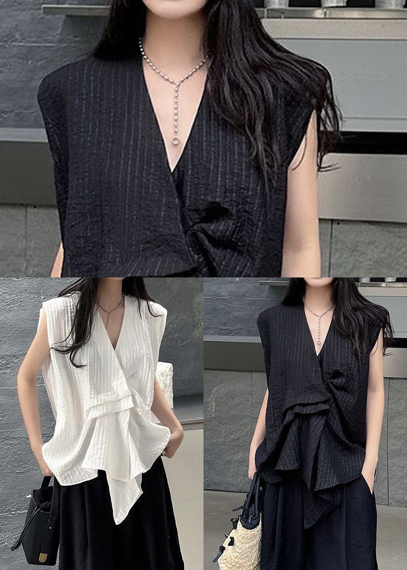 Striped Black Sleeveless Tanks Asymmetrical French Cotton