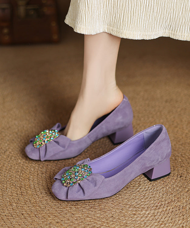 Chunky Splicing Black Bow Shoes French Heel Suede Zircon