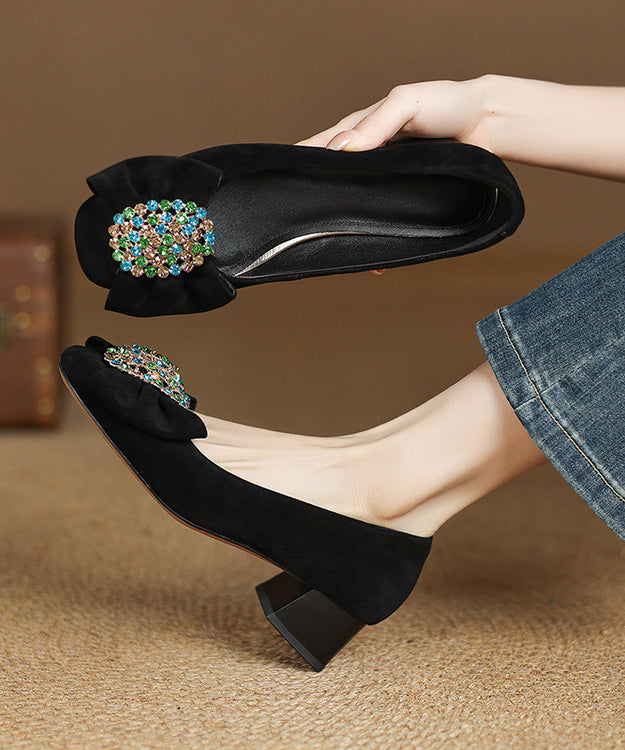 Chunky Splicing Black Bow Shoes French Heel Suede Zircon