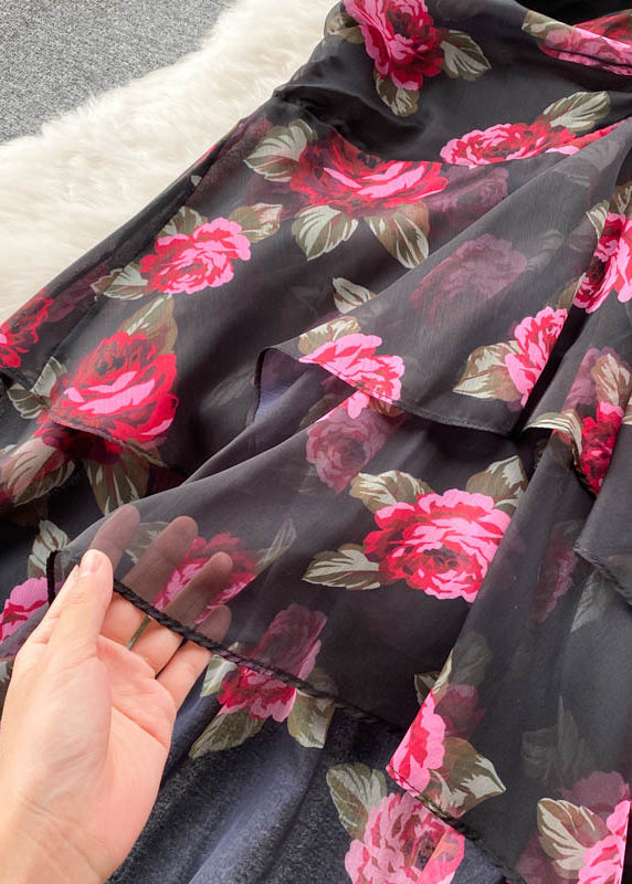 Französisches schwarzes Chiffon-Langkleid mit Print für den Sommer TR024