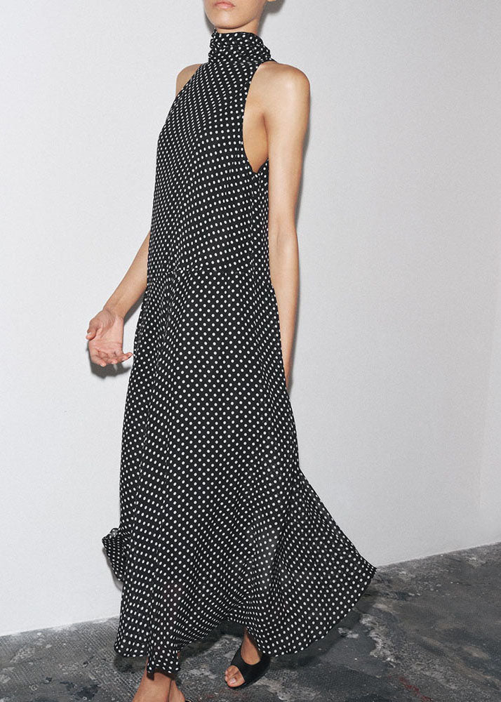 Sleeveless French Black Dot Long Chiffon Dress Print