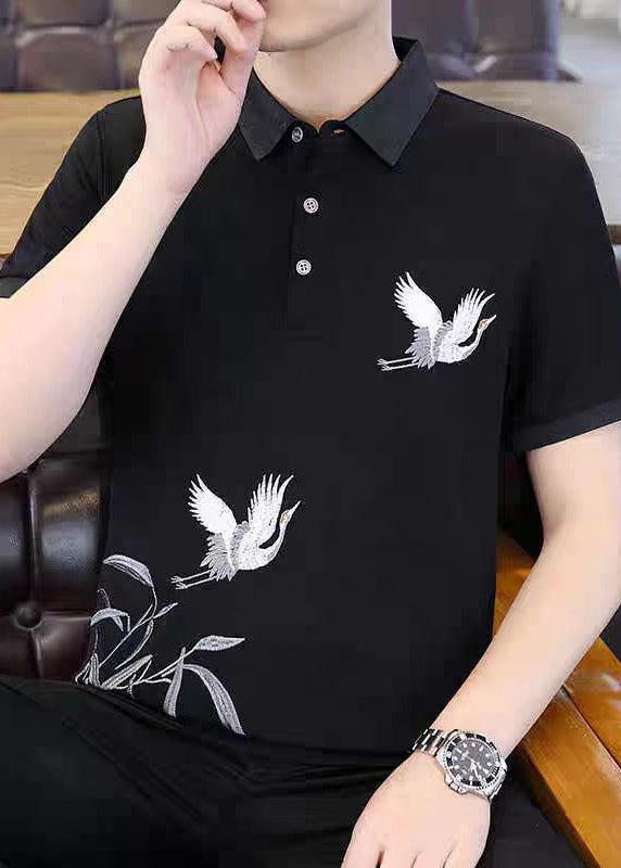 Men Design Shirt French Embroideried Polo Cotton Original Black