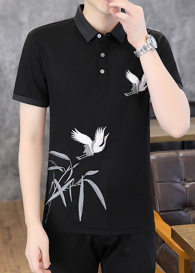 Men Design Shirt French Embroideried Polo Cotton Original Black