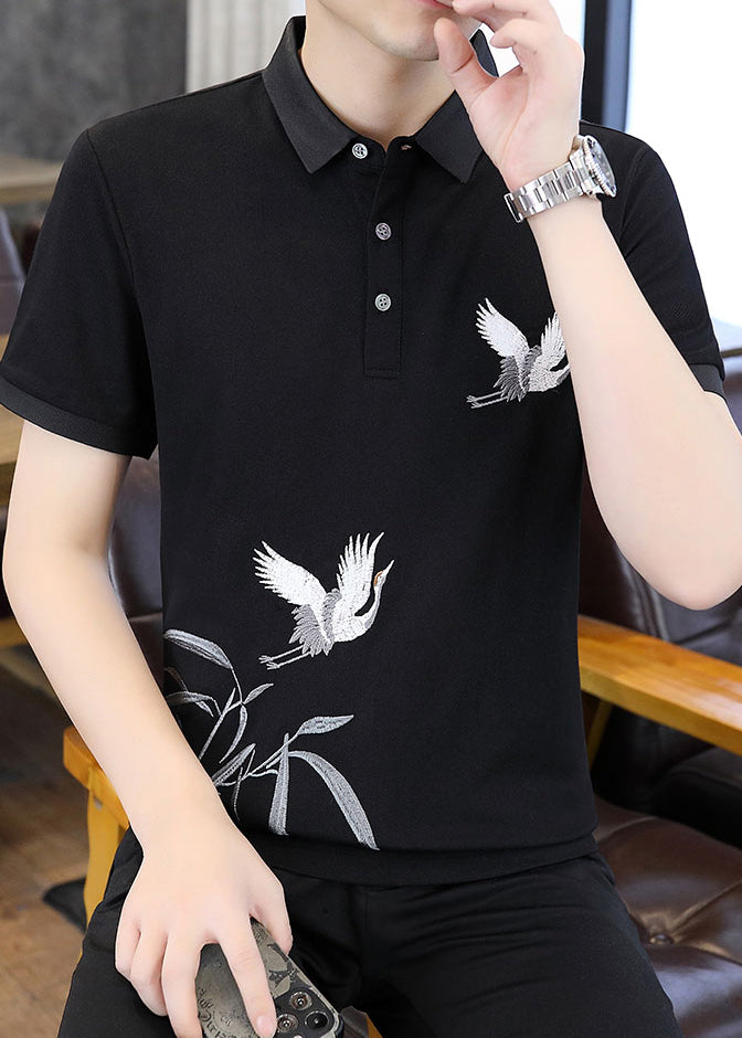 Men Design Shirt French Embroideried Polo Cotton Original Black