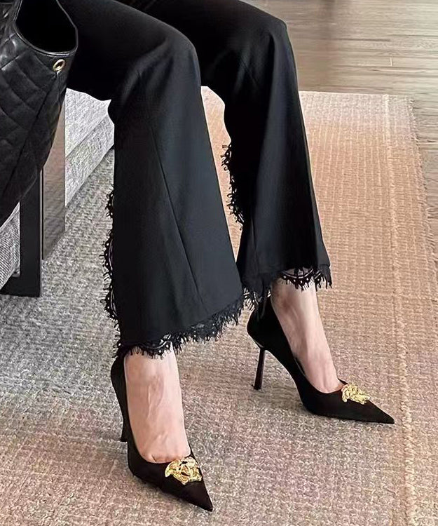 Black Heels Pointed Toe Faux Splicing French Leather High