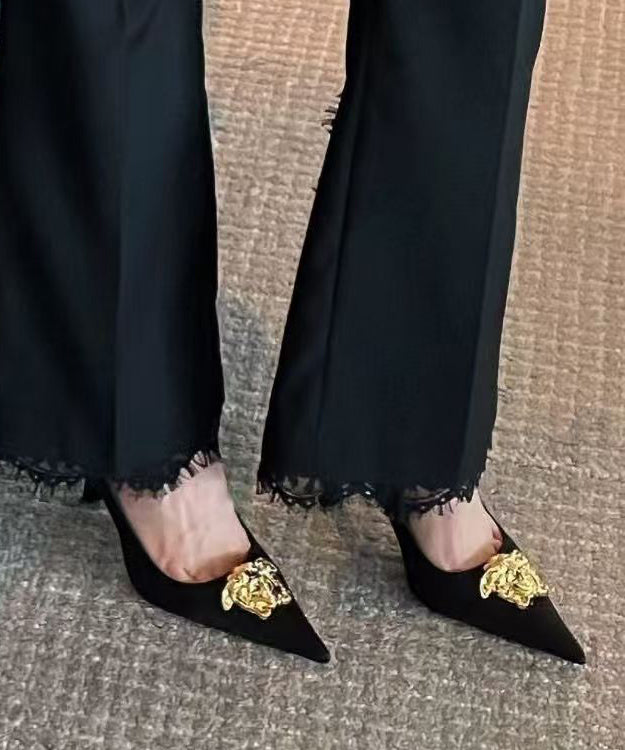 Black Heels Pointed Toe Faux Splicing French Leather High