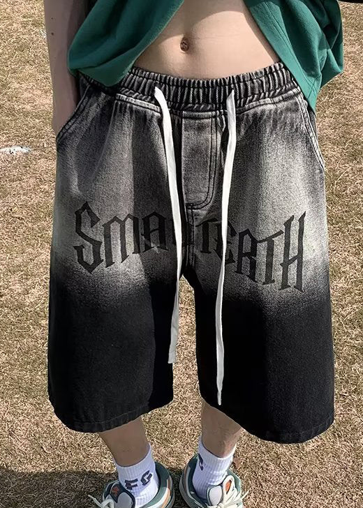 Color Print Waist Black Denim Elastic Gradient Pockets French