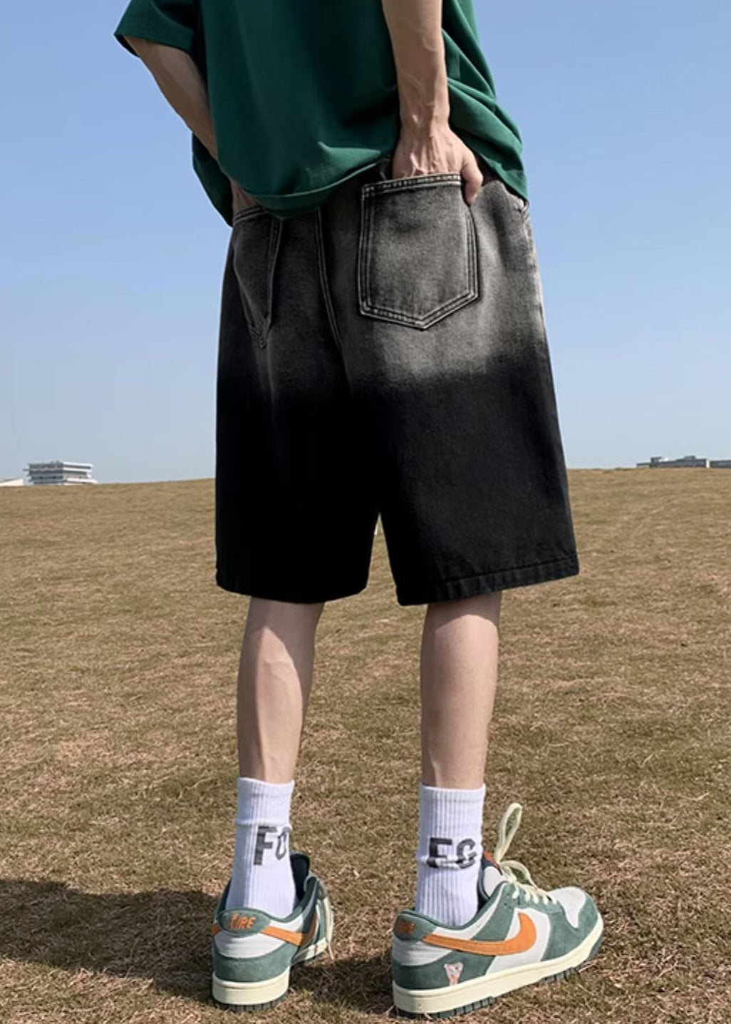 Color Print Waist Black Denim Elastic Gradient Pockets French