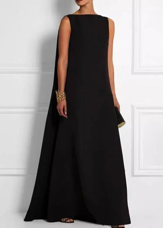 Dress Sleeveless French Black Solid High Waist Cotton Ankle