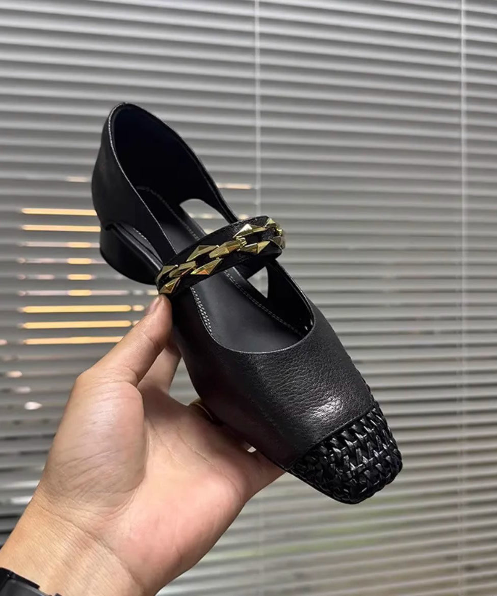 Black Square Out Breathable Hollow Woven French Toe Chunky