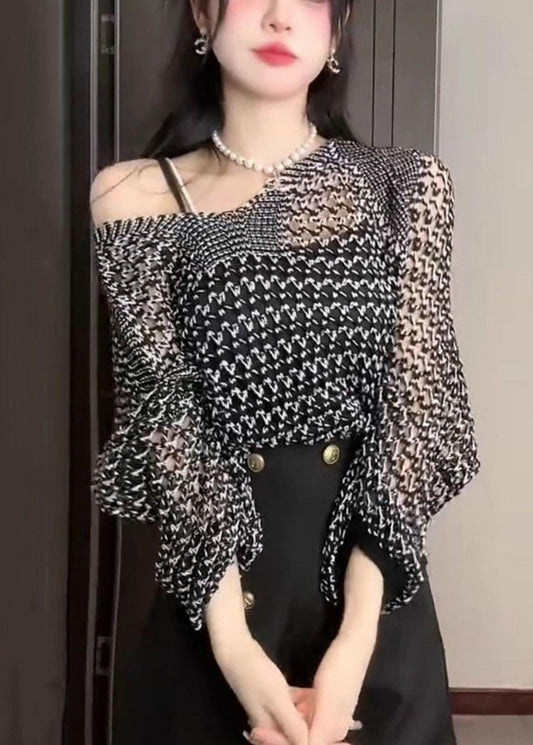 Hollow Black Sweater French Out Thin Knit Sleeve Batwing