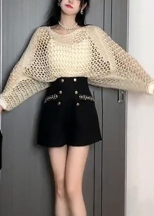 Hollow Black Sweater French Out Thin Knit Sleeve Batwing