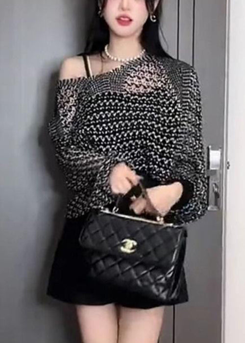 Hollow Black Sweater French Out Thin Knit Sleeve Batwing