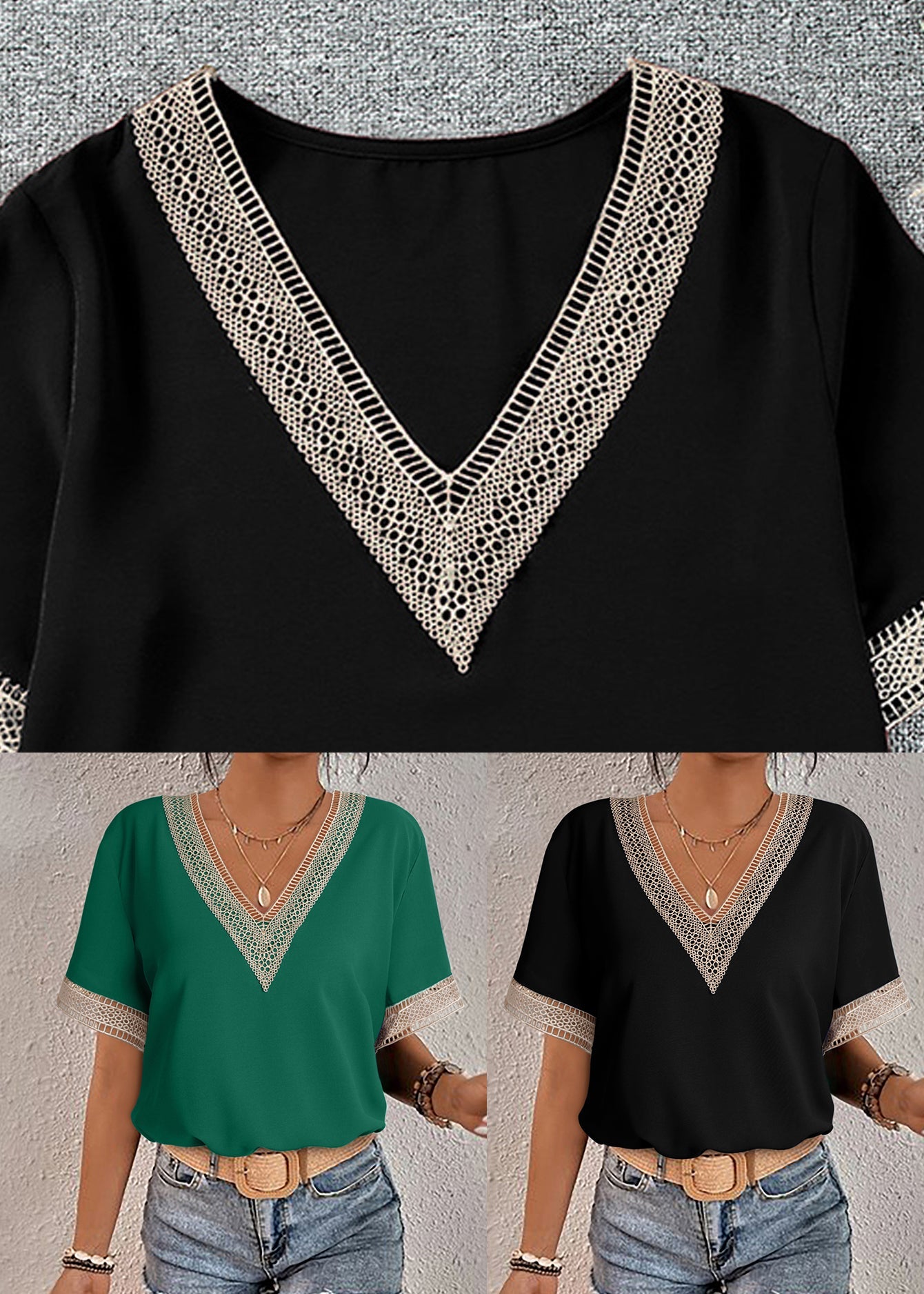 Shirts Lace Summer French Patchwork Black T