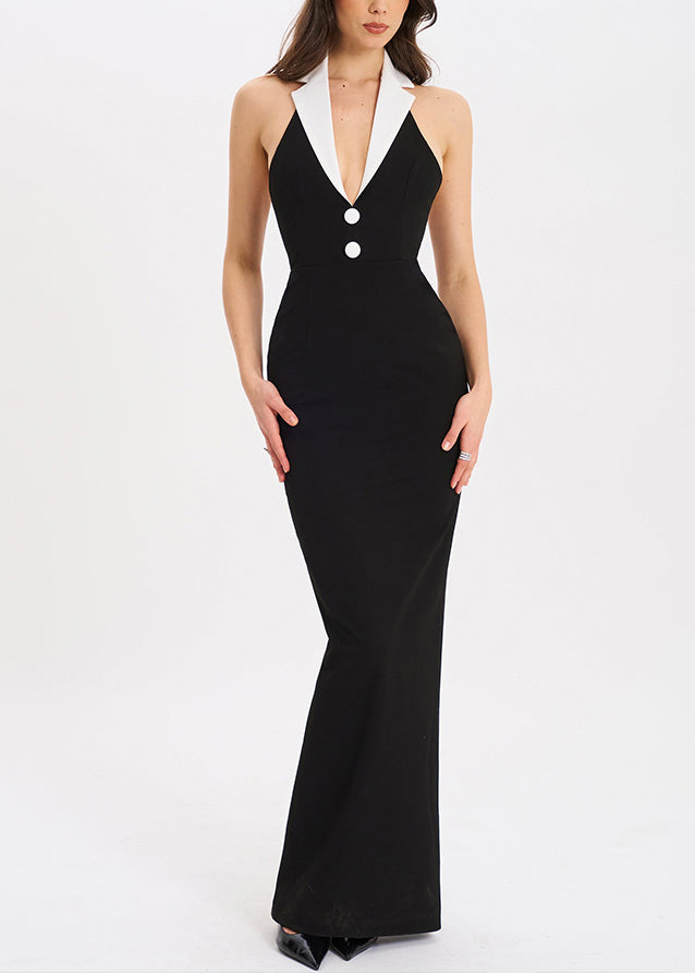 Long Dresses Black Side French Backless Open Notched Cotton