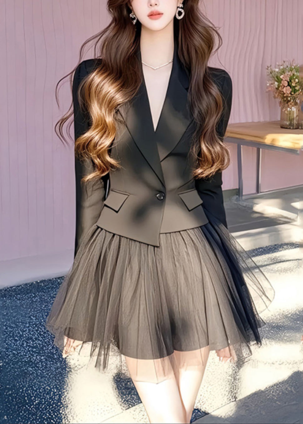 Pieces Tulle Skirts Notched Long Two Set Coats And Black French