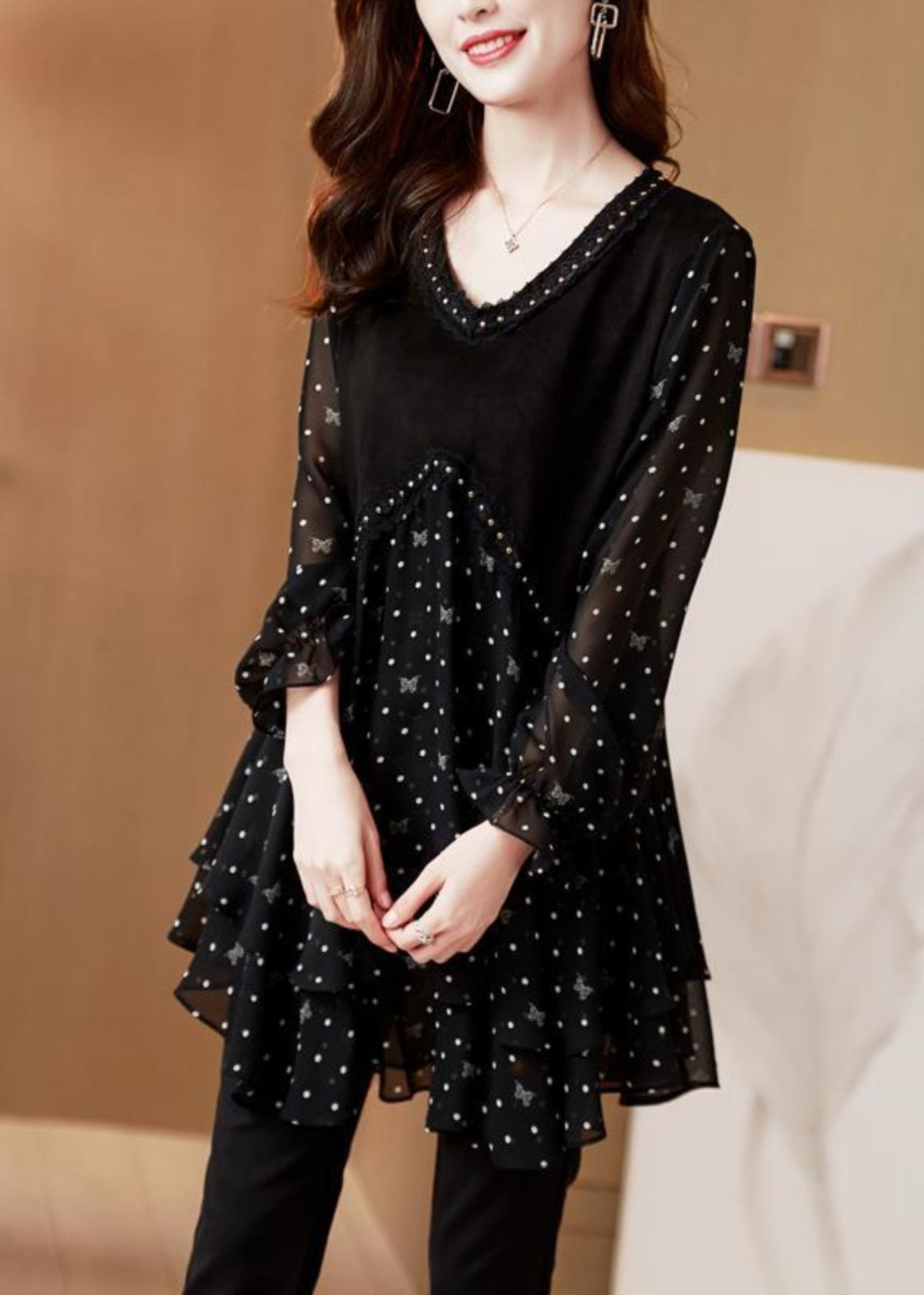 Sleeve Black O-Neck French Chiffo Lantern Shirt Dot