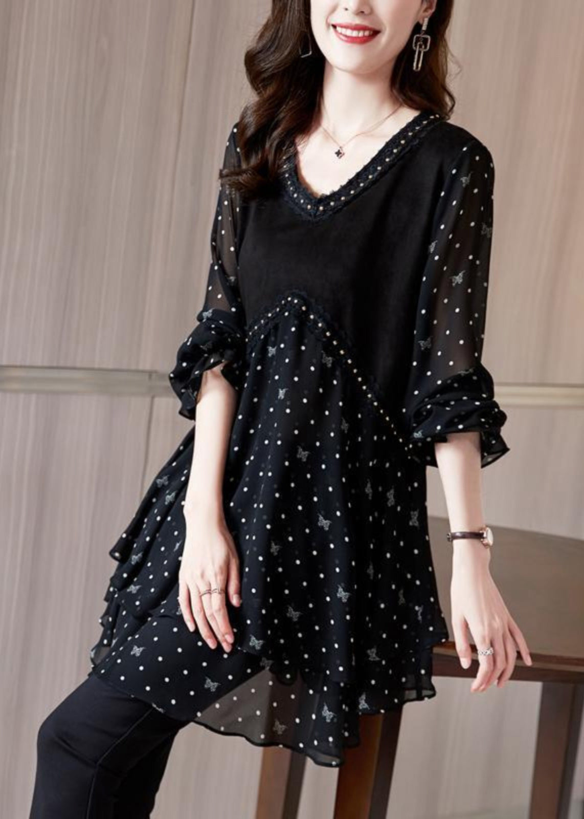 Sleeve Black O-Neck French Chiffo Lantern Shirt Dot