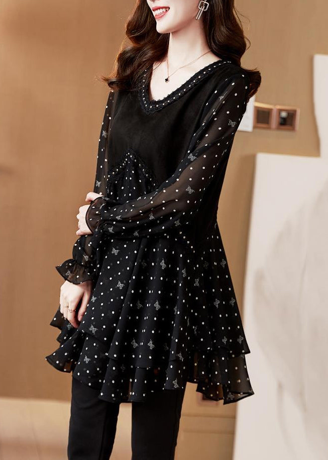 Sleeve Black O-Neck French Chiffo Lantern Shirt Dot