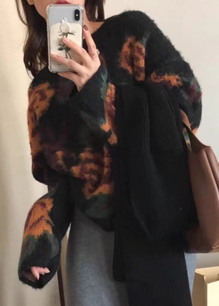 French Black O Neck Floral Jacquard Knit Sweater Tops Spring TN027